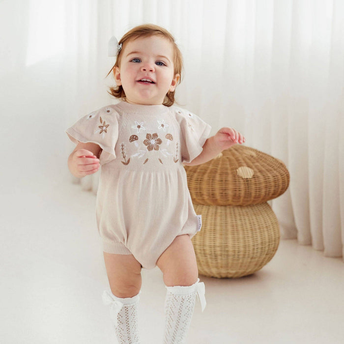 Aster & Oak Floral Embroidered Oat Knit Romper