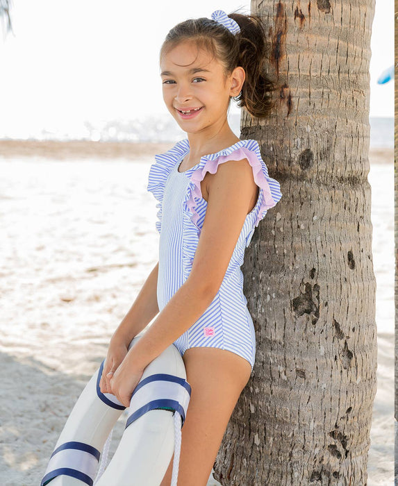 Girls Periwinkle Blue Seersucker Waterfall One Piece Swimsuit