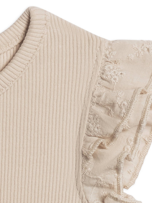 Colored Organics Maggie Ribbed SS Bodysuit with Eyelet Ruffle - Oat
