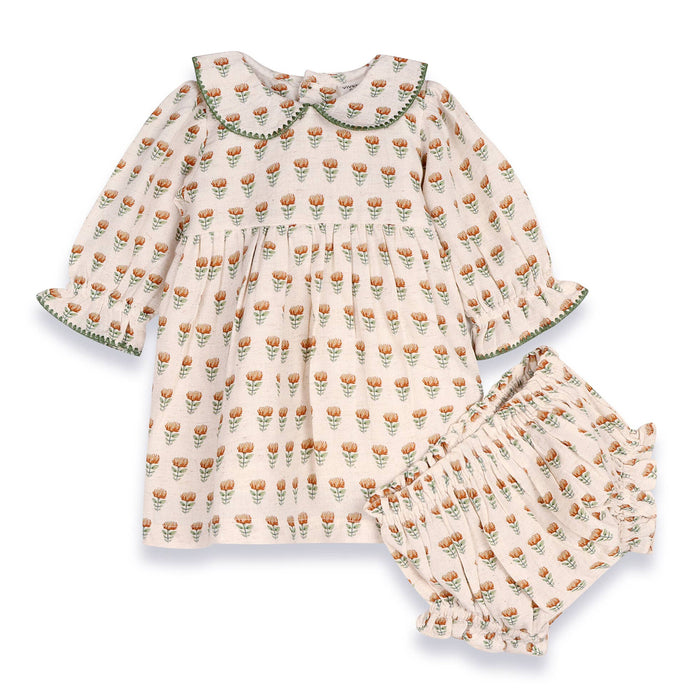 Viverano Organics Ina Block Print Floral Baby Dress & Bloomer Set (Linen)
