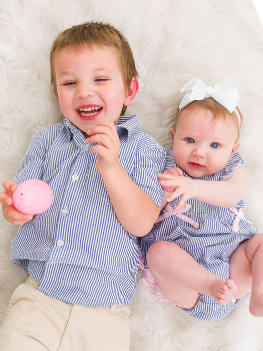 Baby Girls Blue Seersucker Classic Ruffle Bubble Romper